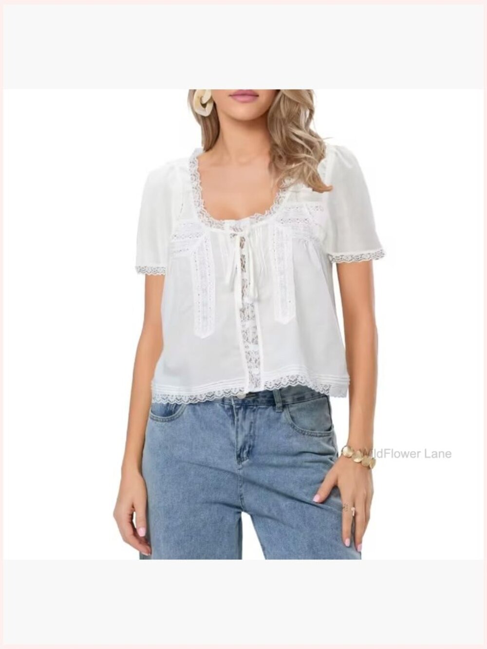 Lace Button Up Short Sleeve Sheer Ruffle Blouse Y2K Going Out Top - Picture 4 of 4